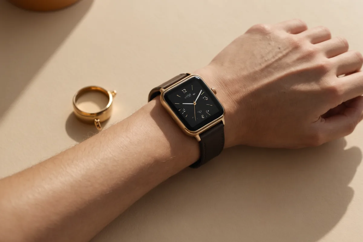 Person wearing a wrist biosensor in a morning environment, device tracking physiological data